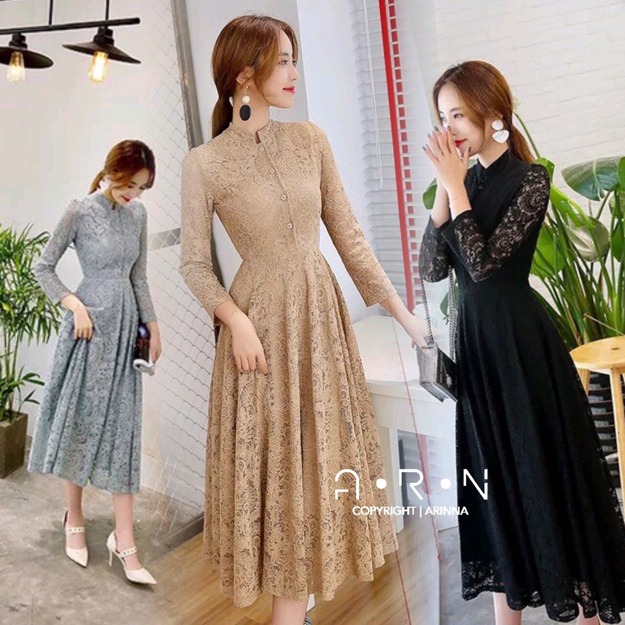 เดรสเกาหลี คอตั้ง ผ้าลูกไม้ พร้อมส่ง