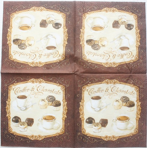 แนวภาพ ป้ายกาแฟกับช๊อคโกแลต ภาพโทนสีน้ำตาล เป็นภาพ 4 บล๊อค กระดาษแนพกิ้นสำหรับทำงาน เดคูพาจ Decoupage Paper Napkins ขนาด 33X33cm