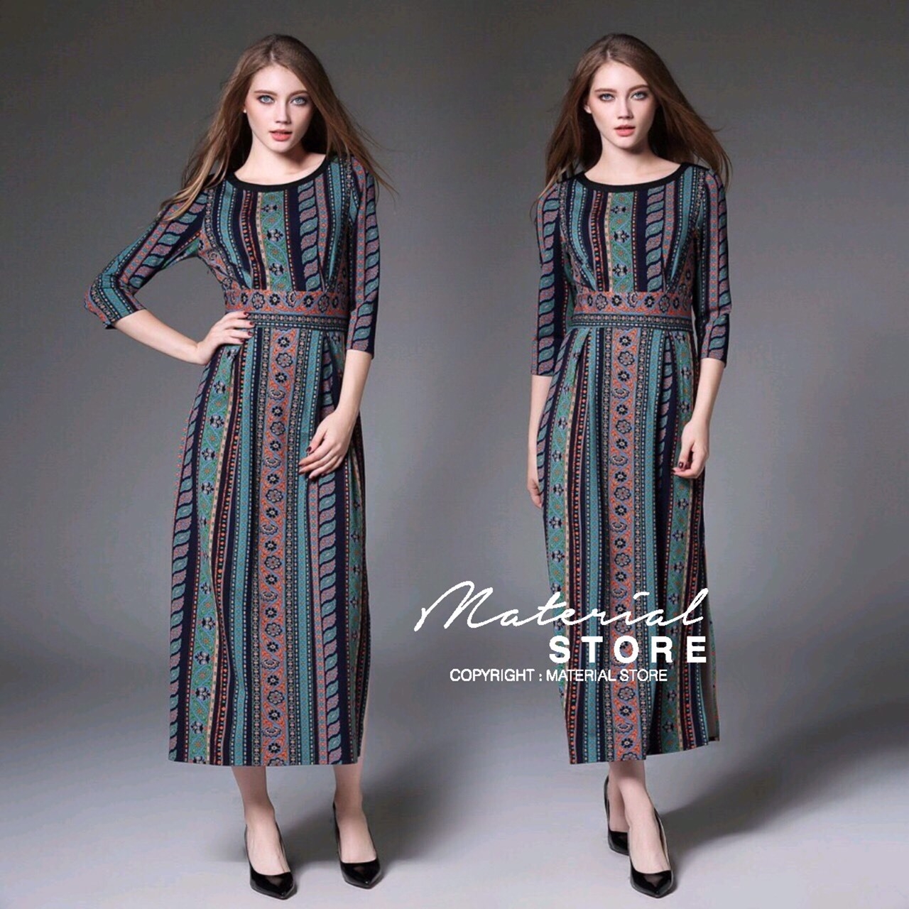 ชุดเดรสเกาหลี พร้อมส่ง เดรสยาว แต่งผ่าข้าง เอวเข้ารูป