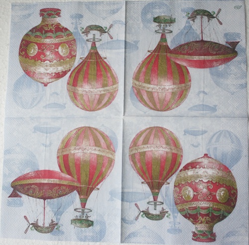 แนวภาพศิลปะ ภาพวาดบอลลูนลายแต่งสีแดง ภาพโทนสีฟ้า เป็นภาพ 4 บล๊อค กระดาษแนพกิ้นสำหรับทำงาน เดคูพาจ Decoupage Paper Napkins ขนาด 33X33cm