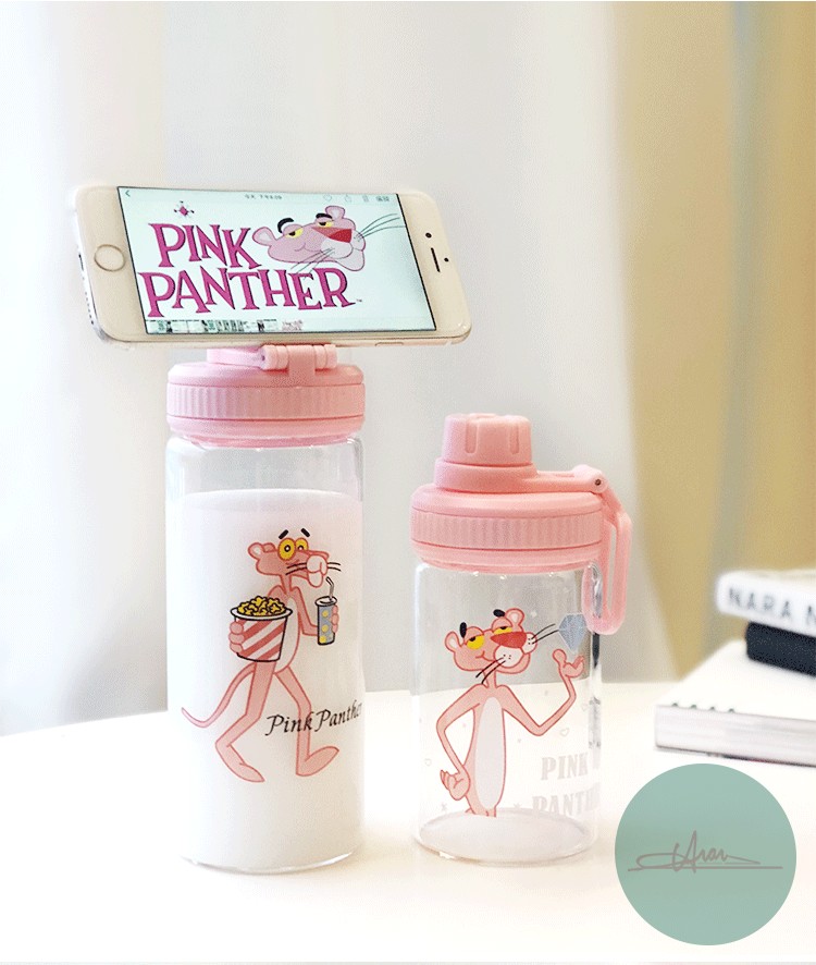 ขวดน้ำ ขวดนม Pink Panther พกพา แก้ว borosilicate ฝาดื่ม หมุนปิด มี 2 ขนาด 400 /500 ml.