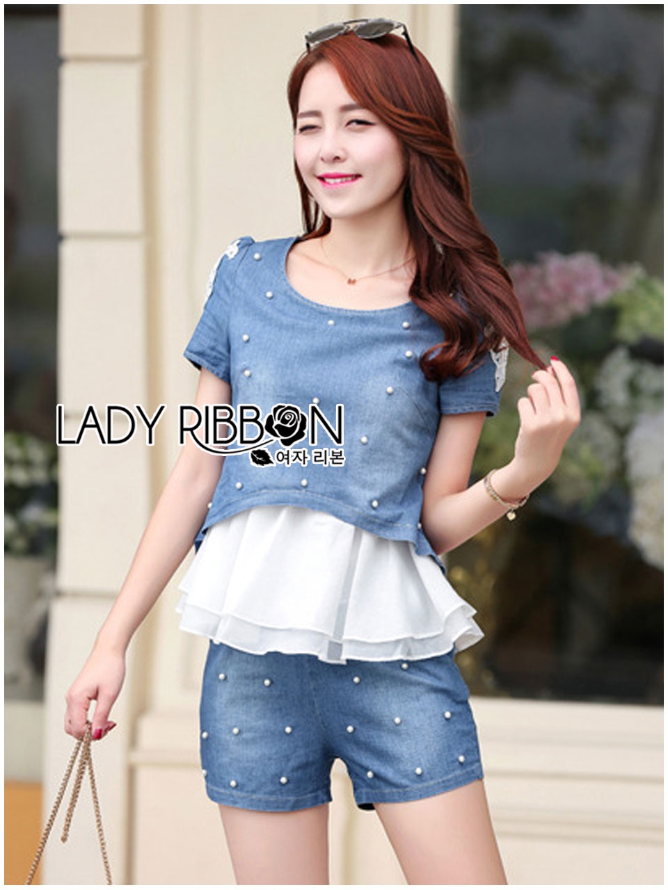 พร้อมส่ง เซ็ตเสื้อแขนสั้นผ้าเดนิมตกแต่งผ้าชีฟอง