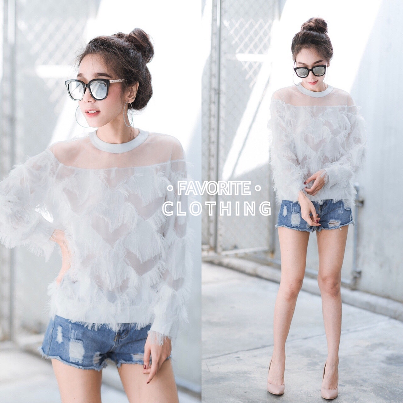 เสื้อเกาหลี พร้อมส่ง เสื้อแขนยาว แต่งขนฟรุ้งฟริ้ง
