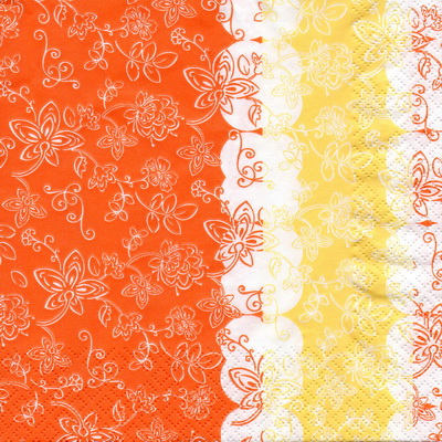 แนวภาพลายแต่ง ลายเส้นดอกไม้ บนพื้นสีส้ม ตัดขอบด้วยสีขาวสีเหลือง ภาพโทนสีส้มเหลือง เป็นภาพแนวตั้ง กระดาษแนพกิ้นสำหรับทำงาน เดคูพาจ Decoupage Paper Napkins ขนาด 33X33cm