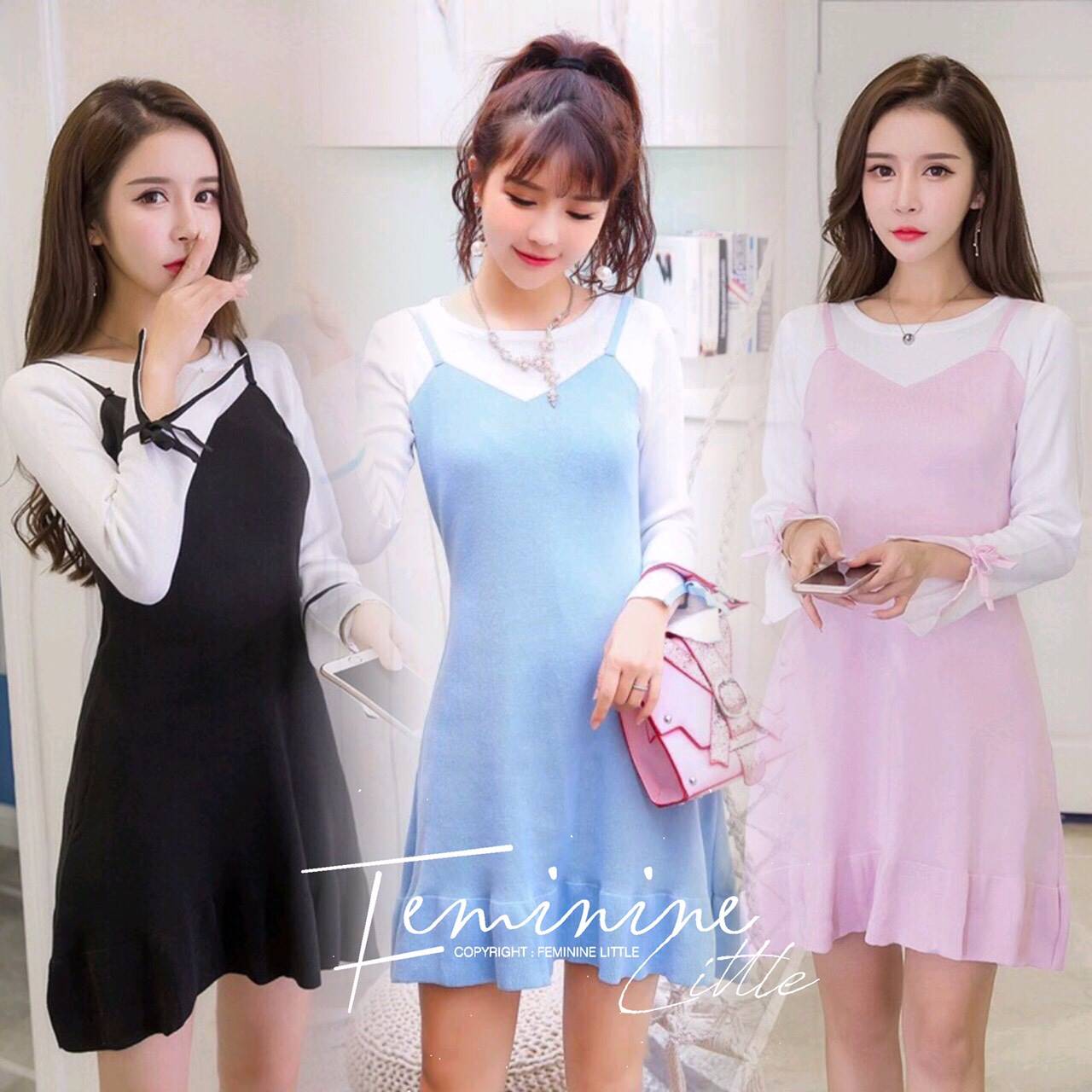 เดรสเกาหลี พร้อมส่ง เดรสไหมพรมแต่งแขนโบว์