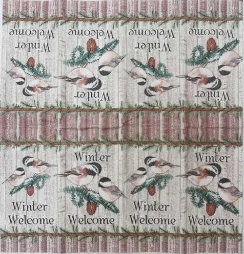 แนวภาพสัตว์ นกใน Winter กับคำ Welcome เป็นภาพ 8 บล๊อคในแผ่น กระดาษแนพคินสำหรับทำงาน เดคูพาจ Decoupage Paper Napkins ขนาด 21X22cm