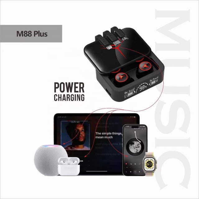 ใหม่ล่าสุด หูฟังมีแบตสำรองและสายชาร์จ M88Plus TWS V.5.2 LED Display 1200Mah PowerBank