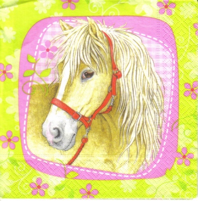 แนวภาพการ์ตูน ม้า Horse ขอบดอกไม้ สัตว์ เป็นภาพแนวยาว กระดาษแนพกิ้นสำหรับทำงาน เดคูพาจ Decoupage Paper Napkins ขนาด 33X33cm