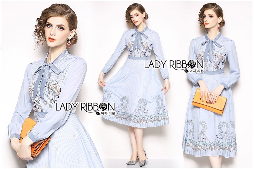 เดรสเกาหลี พร้อมส่ง เดรสสั้น สีฟ้าอ่อนพิมพ์ลายทางและลายดาว