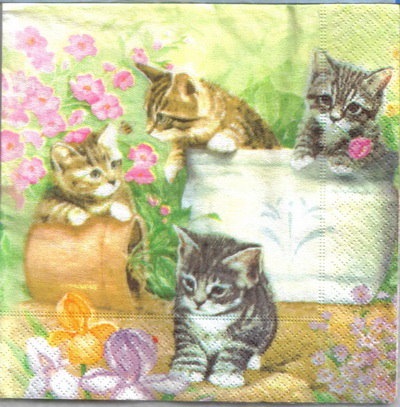 แนวภาพสัตว์ ลูกแมวล้มกะถางดอกไม้ Kitten วินเทจ เป็นภาพบล็อค 4 กระดาษแนพกิ้นสำหรับทำงาน เดคูพาจ Decoupage Paper Napkins ขนาด 33X33cm