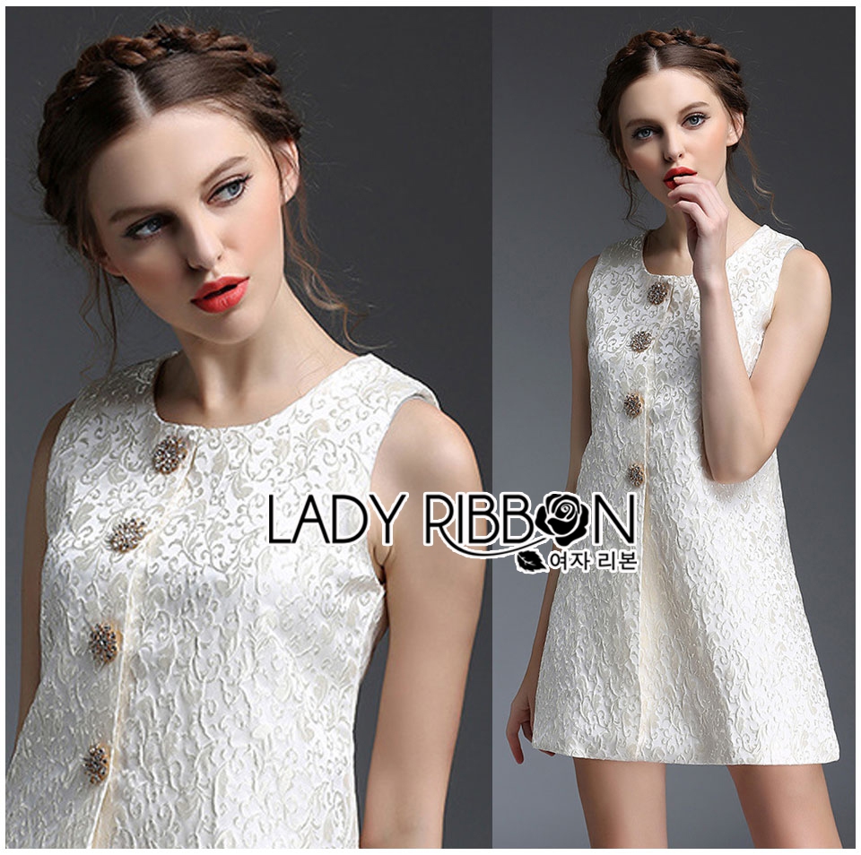 พร้อมส่ง เดรสแขนกุดผ้าโบรเคดลายลูกไม้