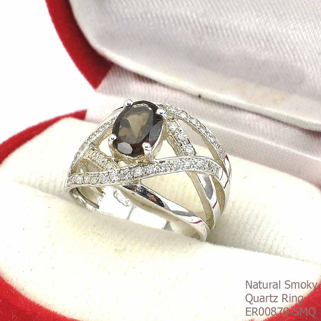 SKJewelryFactory แหวนพลอยสโมกกี้ควอทซ์แท้ พลอยสีน้ำตาลอมดำ แบบแหวนเก่ๆ ER00879-SMQ