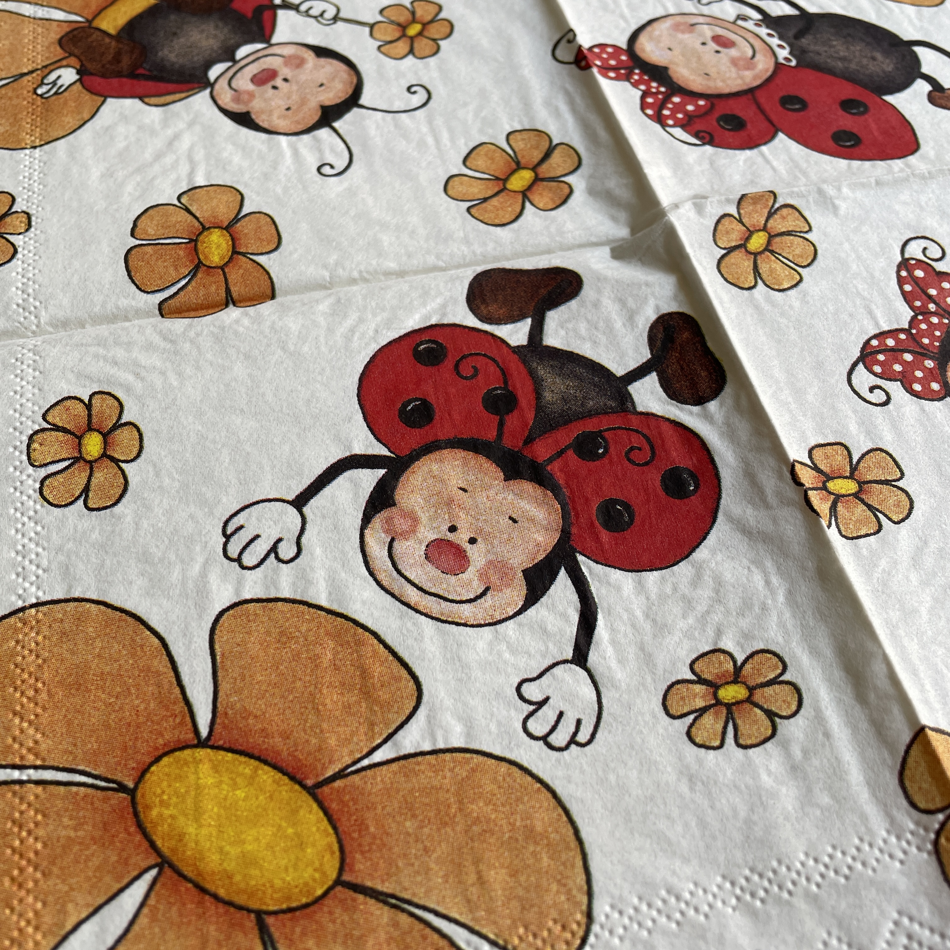 แนวภาพการ์ตูน เต่าทองชาย กับดอกไม้ Lady Bug เป็นภาพเต็มแผ่น กระดาษแนพกิ้นสำหรับทำงาน เดคูพาจ Decoupage Paper Napkins ขนาด 33X33cm