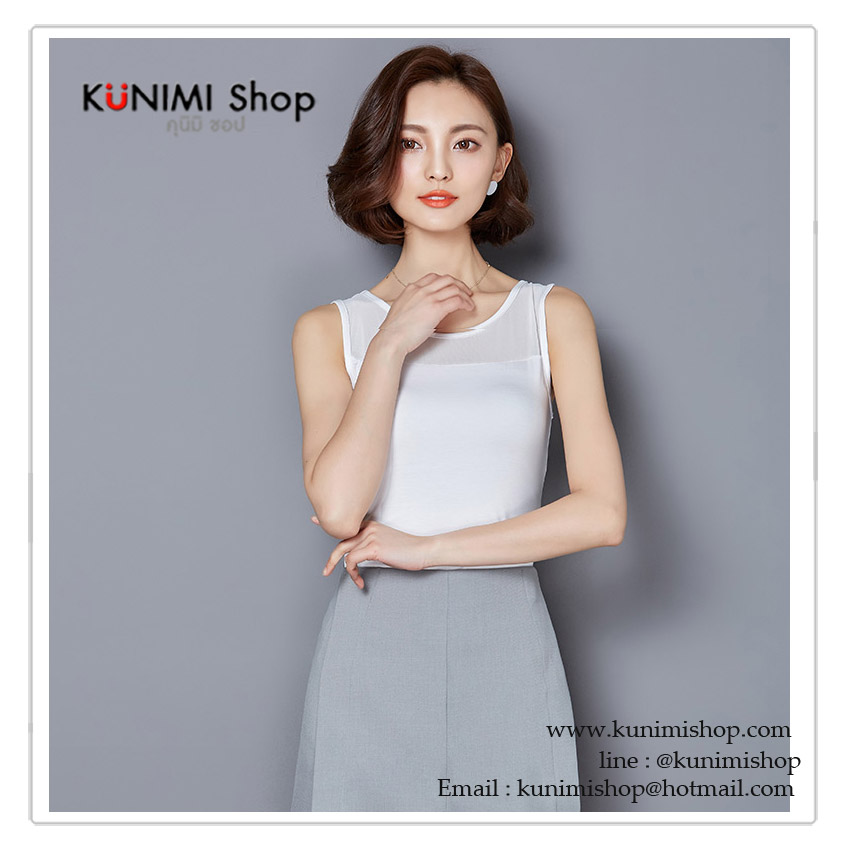 เสื้อกล้าม เสื้อซับใน มี 2 สี สีขาว สีดำ ช่วงไหล่ลงมาถึงหน้าอก ตัดแต่งด้วยผ้าซีทรู ทั้งด้านหน้าแลด้านหลัง ผ้ายืด ใส่สบาย รอบอกไม่เกิน 35 นิ้ว / เสื้อยาว 55 cm. มี 2 สี ขาว , ดำ 