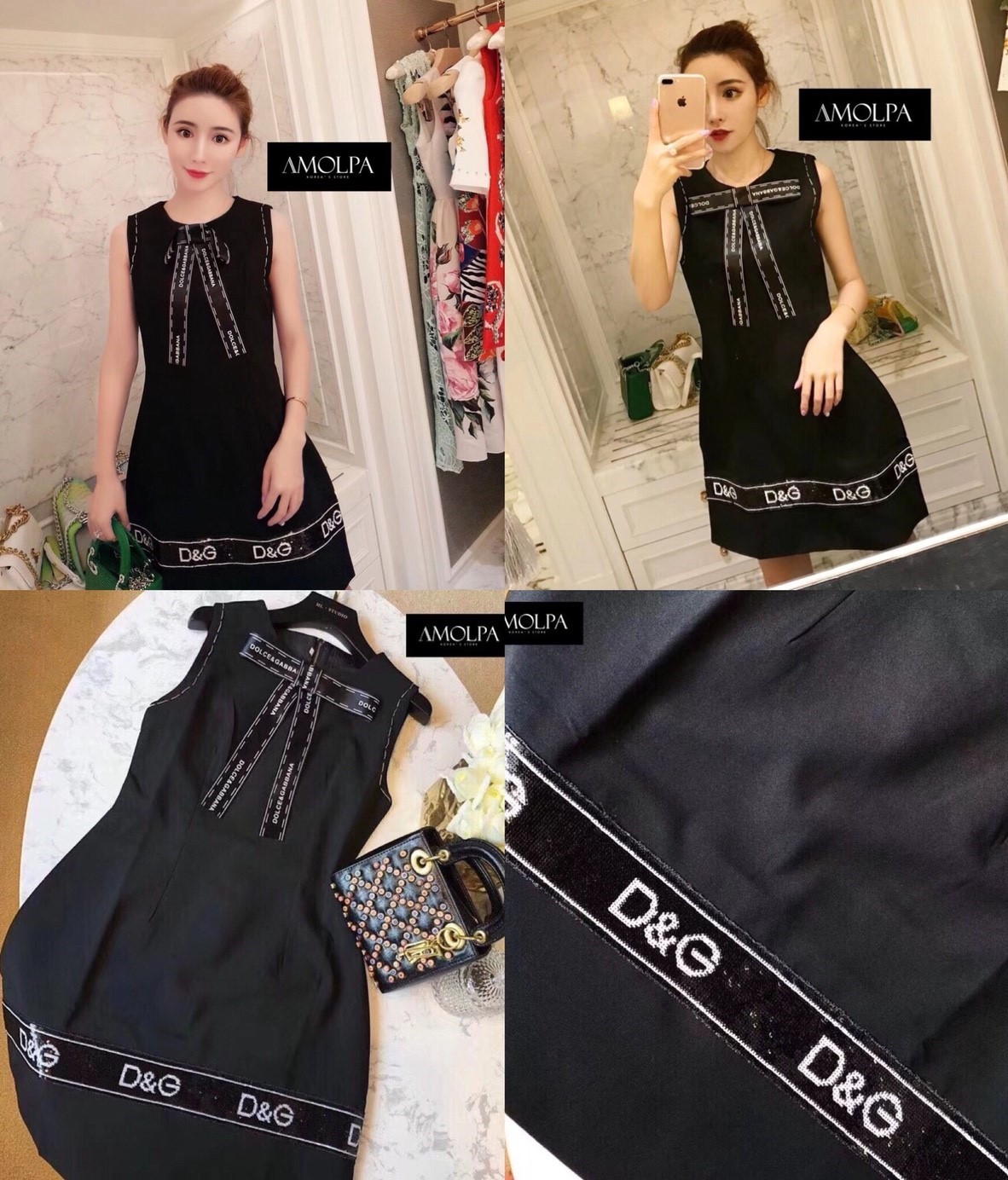 เดรสเกาหลี พร้อมส่ง เดรส D&G คอผูกโบว์