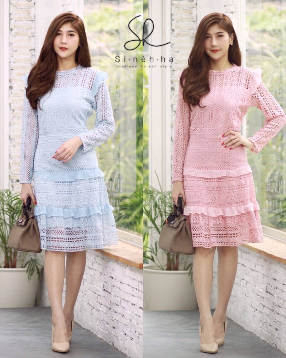 เดรสเกาหลี พร้อมส่ง Dress ลูกไม้ ลายฉลุ
