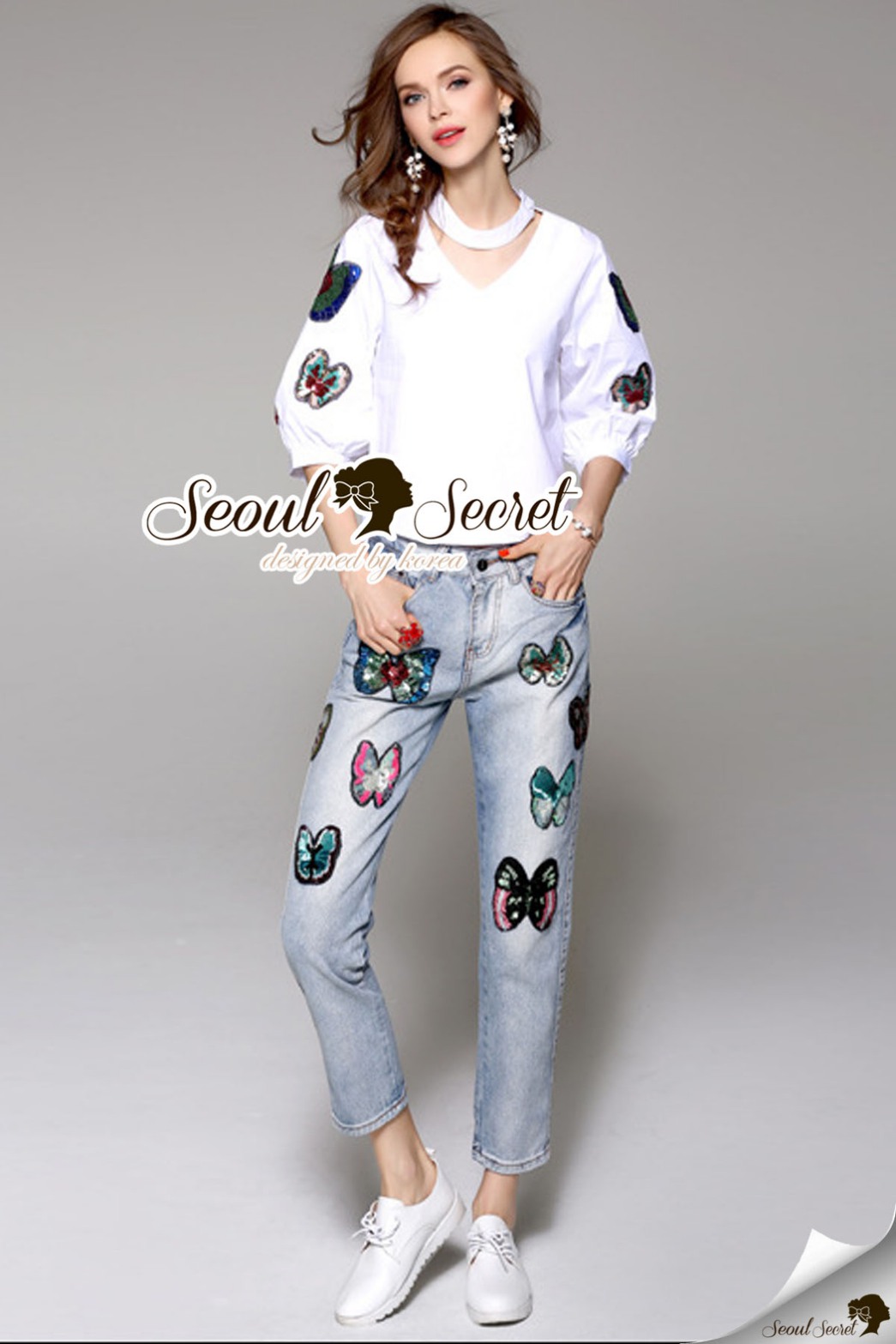 พร้อมส่ง เสื้อเชิ้ต มาพร้อมกับกางเกงยีนส์ผีเสื้อ