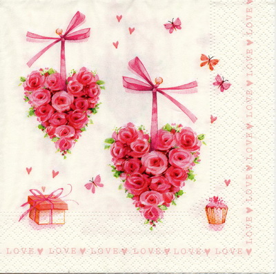 แนวภาพ Valentine ช่อดอกกุหลาบ รูปหัวใจ Love Love เป็นภาพแนวยาว กระดาษแนพกิ้นสำหรับทำงาน เดคูพาจ Decoupage Paper Napkins ขนาด 33X33cm