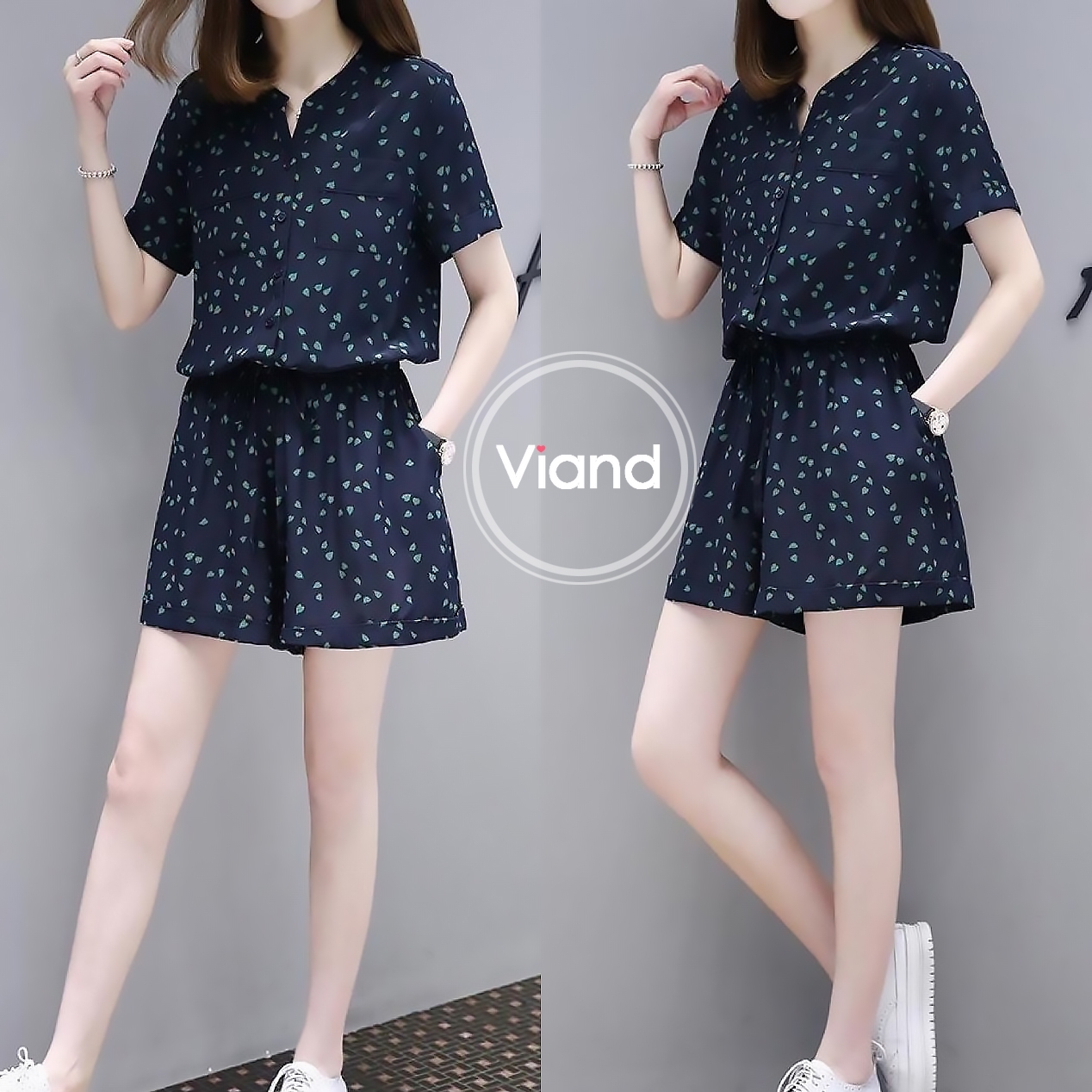 เสื้อผ้าเกาหลี พร้อมส่ง จั้มสูท กางเกงขาสั้น ผ้าโพลี