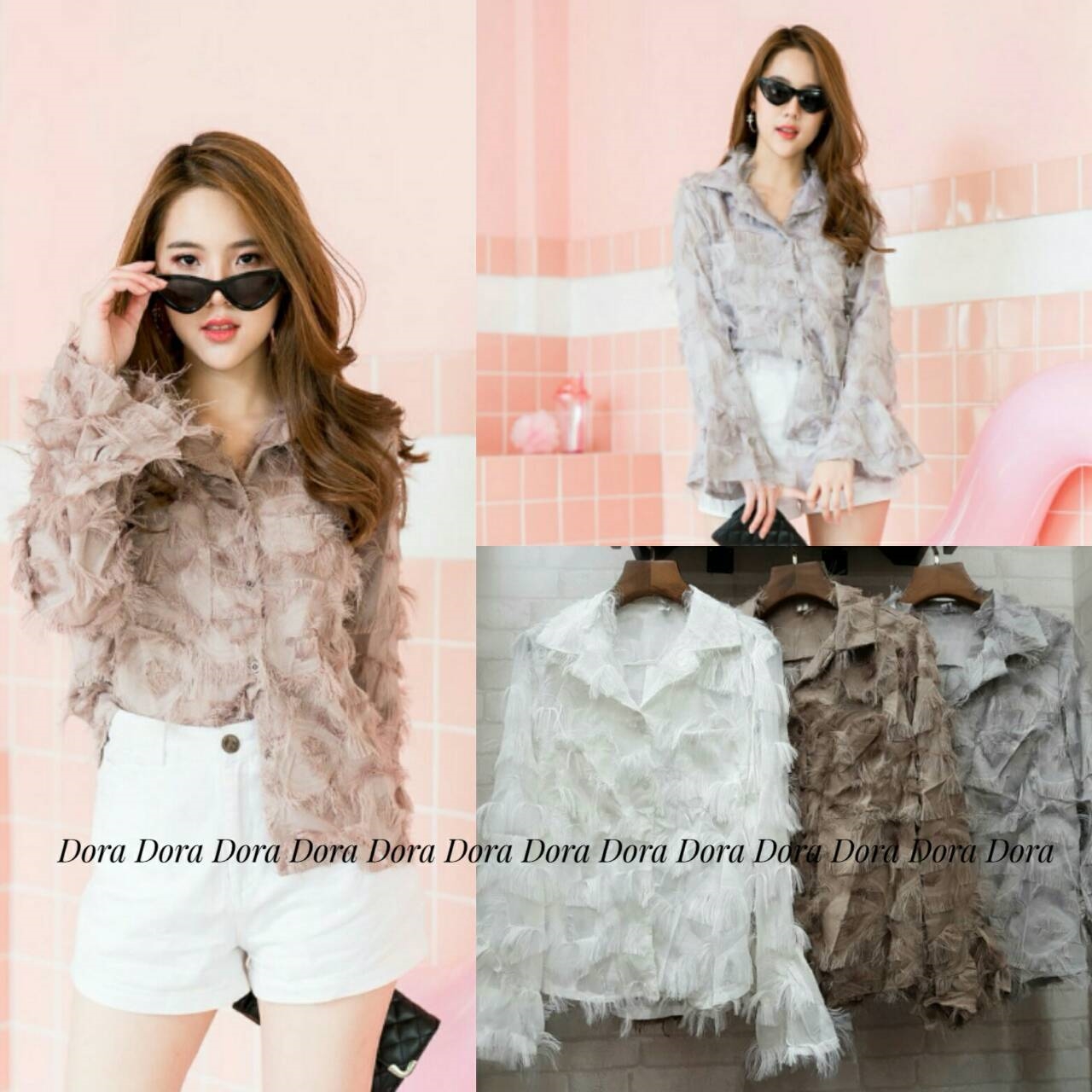 เสื้อเกาหลี พร้อมส่ง เสื้อเชิ้ต แขนยาว ฟรุ้งฟริ้ง