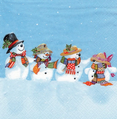 แนวภาพคริสต์มาส Winter ตุ๊กตาหิมะ SnowMan เข้าแถว เป็นภาพแนวยาว กระดาษแนพกิ้นสำหรับทำงาน เดคูพาจ Decoupage Paper Napkins ขนาด 33X33cm