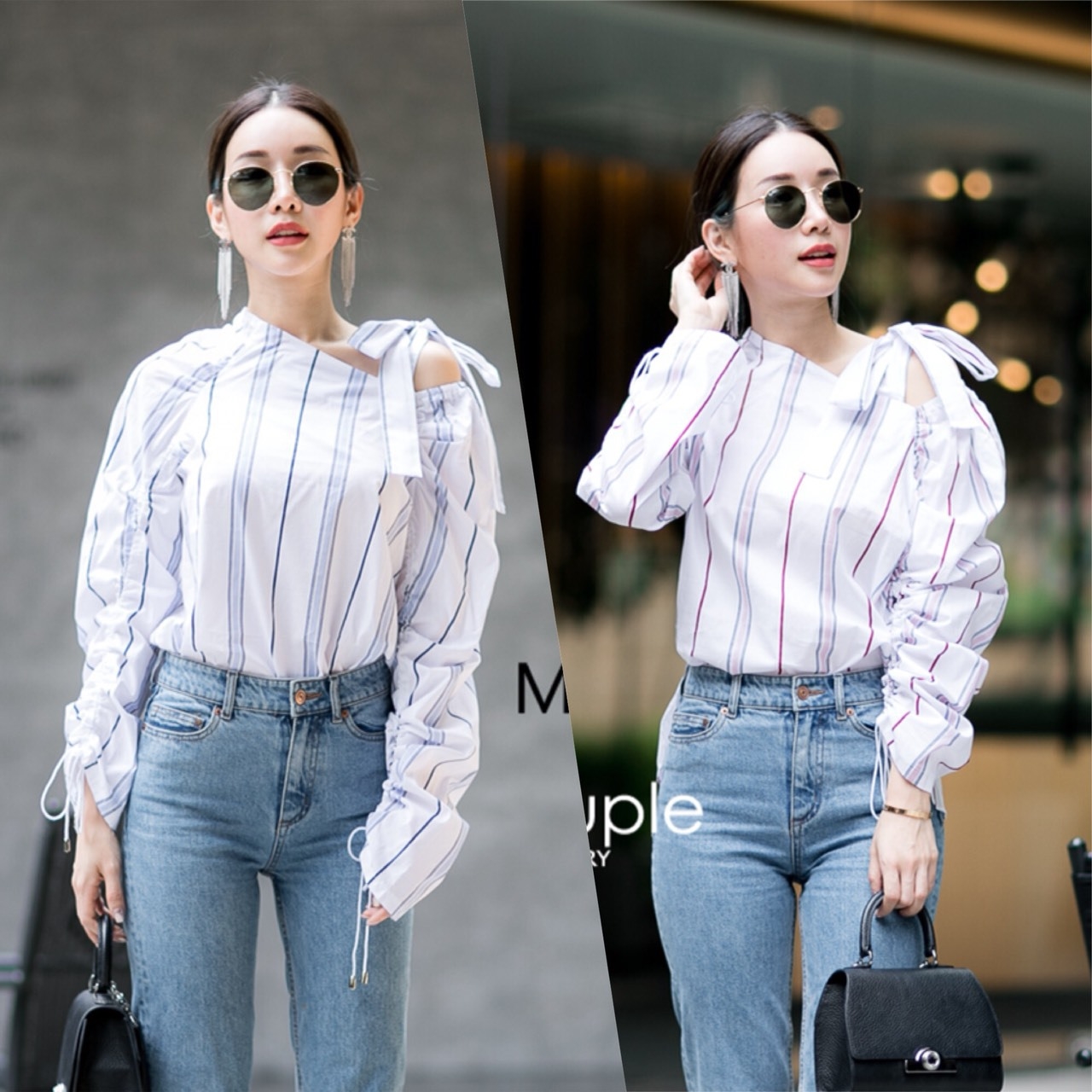 เสื้อเกาหลี พร้อมส่ง เสื้อแต่งสายผูกโบว์ที่ไหล่ แขนรูดย่นๆ