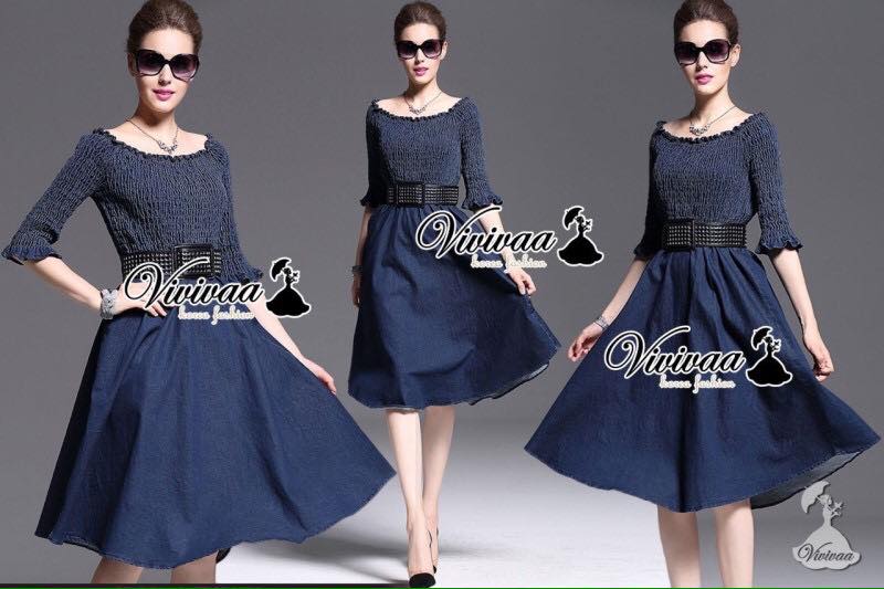พร้อมส่ง เดรสคอปาด ชายกระโปรงทรงบาน
