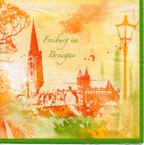 แนวภาพทิวทัศน์ ภาพวาดลายเส้นโบสท์ Freiburg im Breisgau บนพื้นสีน้ำสีเหลืองขอบเขียว เป็นภาพแนวยาว กระดาษแนพกิ้นสำหรับทำงาน เดคูพาจ Decoupage Paper Napkins ขนาด 33X33cm