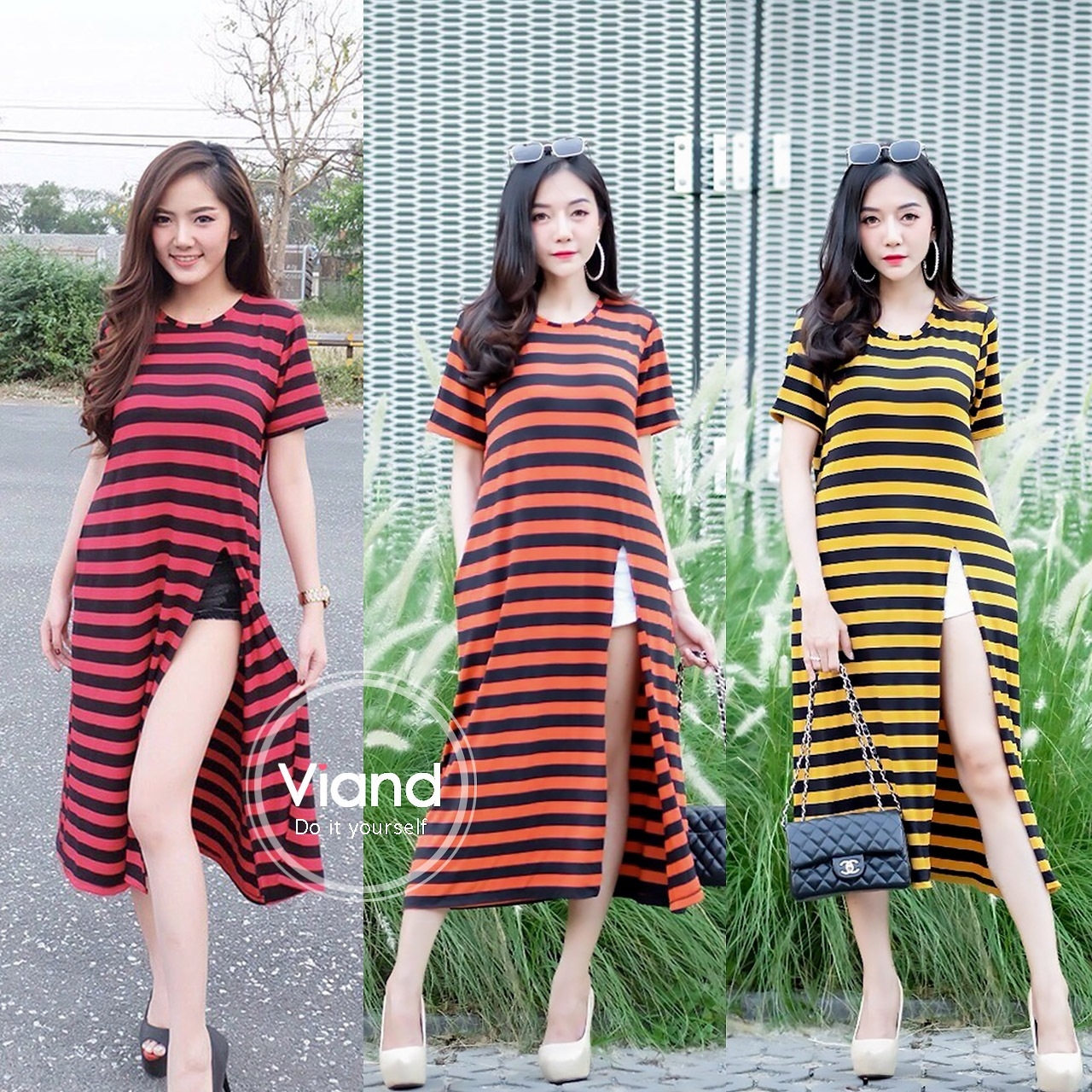 เดรสเกาหลี พร้อมส่ง เดรสผ่าข้าง ผ้าเรยอน