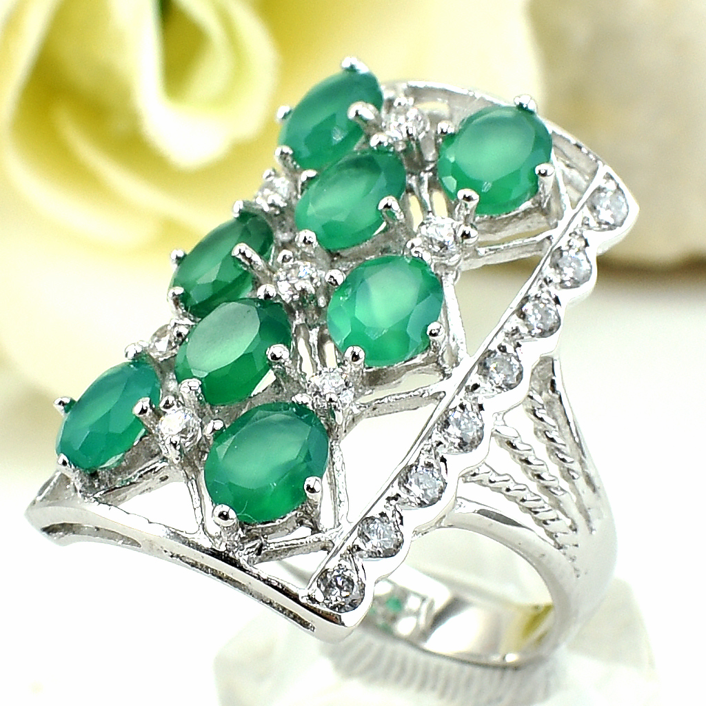 SKJewelryFactory แหวนหน้าสี่เหลี่ยม พลอยกรีนอะเกทแท้ เหมาะใส่นิ้วกลางหรือนิ้วนาง ER00841-GAG