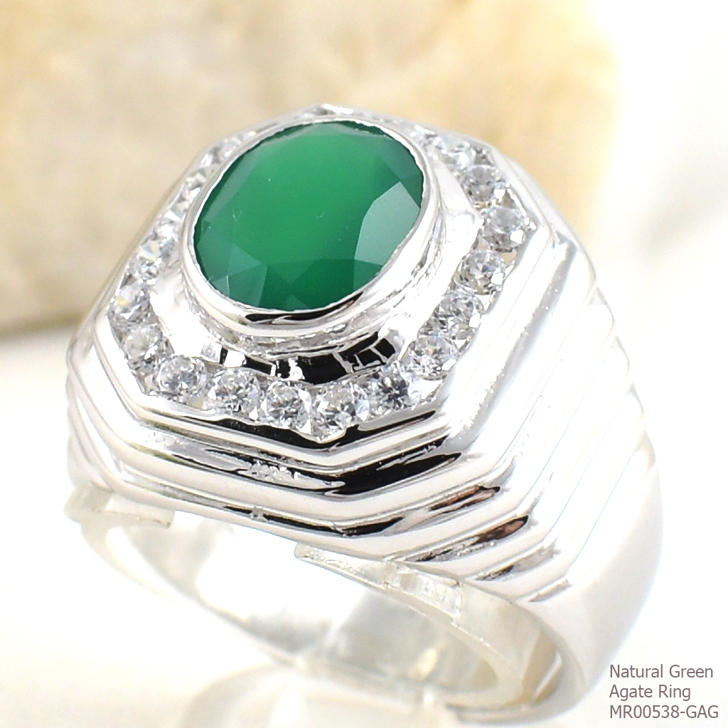 SKJewelryFactory แหวนชายล้อมเพชร พลอยกรีนอะเกทแท้ MR00538-GAG