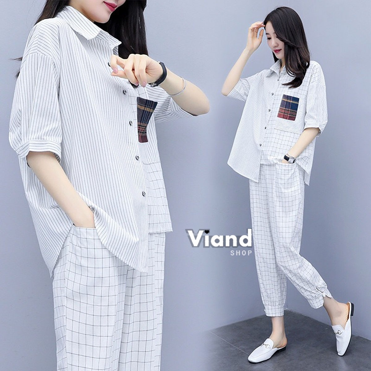 เสื้อผ้าเกาหลี พร้อมส่ง เสื้อเชิ้ต กับ กางเกงเอวยางยืด
