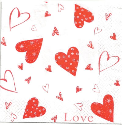 แนวภาพความรัก Love หัวใจสีแดง สีขาว ภาพโทนสีขาว เป็นภาพกระจายเต็มแผ่น กระดาษแนพกิ้นสำหรับทำงาน เดคูพาจ Decoupage Paper Napkins ขนาด 33X33cm