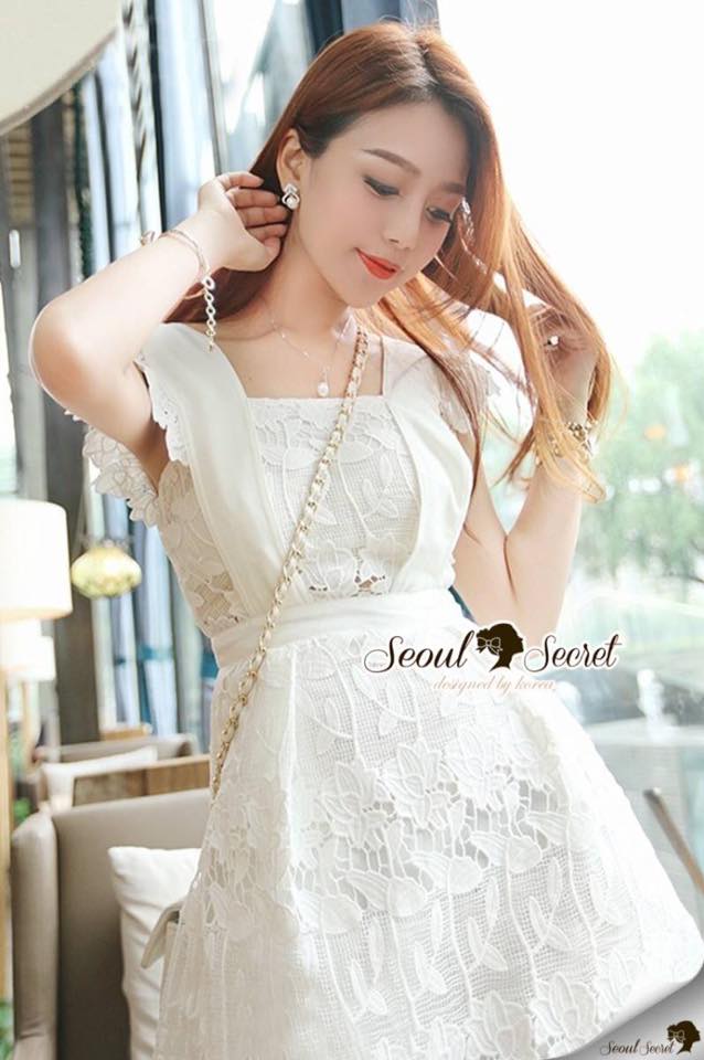 พร้อมส่ง เดรสแต่งสายด้วยผ้าลูกไม้ ทรงสวย