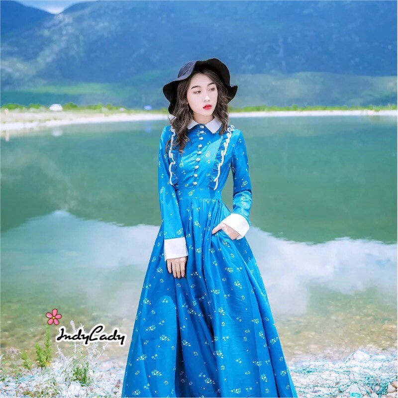 ชุดเดรสเกาหลี พร้อมส่ง เดรสยาว สีน้ำเงินเข้ม สีสวย คอปก