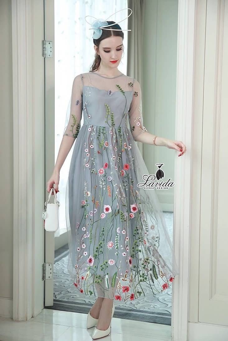 เดรสเกาหลี พร้อมส่ง เดรสยาว ผ้างานปักดอกไม้โทนสีสวย