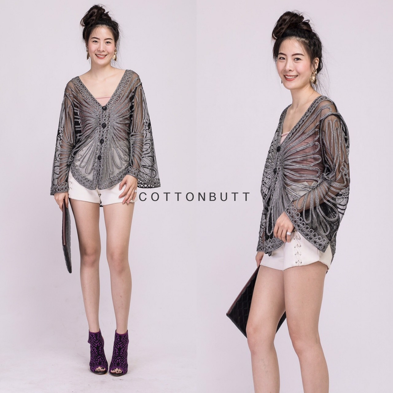 เสื้อเกาหลี พร้อมส่ง เสื้อคลุม ผ้าตาข่ายปักลาย