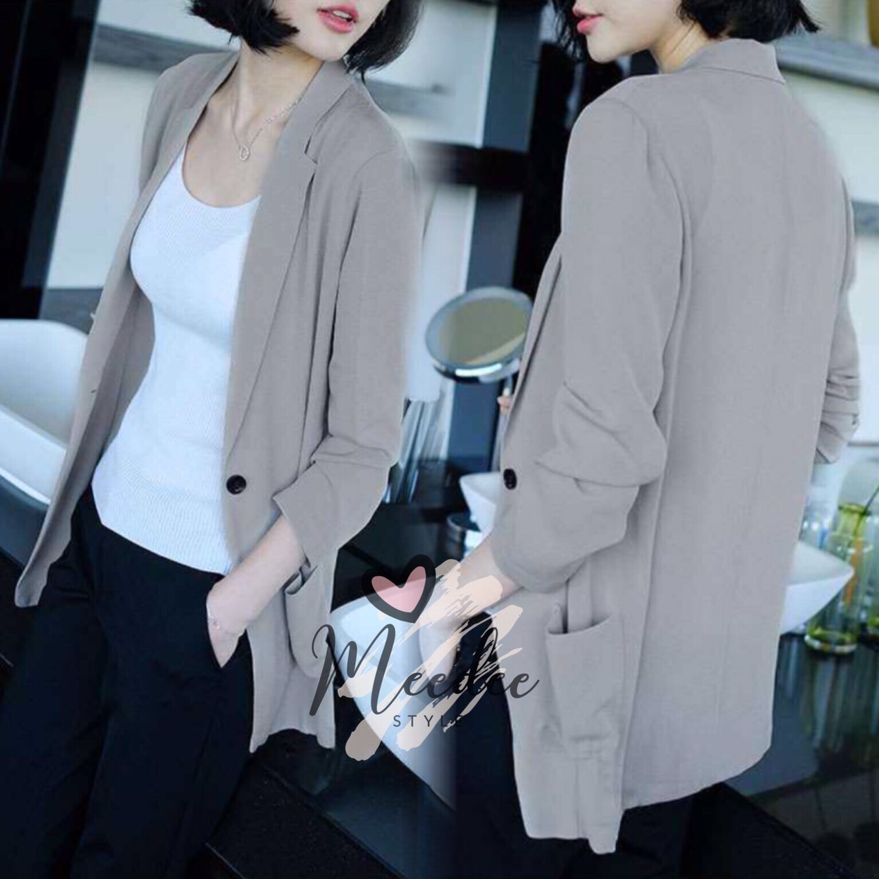 เสื้อเกาหลี พร้อมส่ง Blazer ทรงสบายผ้าจอร์เจียร์