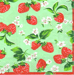 แนวภาพ Cath Kidston สตอเบอร์รี่ ผลไม้ พื้นเขียว เป็นภาพกระจายเต็มแผ่น กระดาษแนพกิ้นสำหรับทำงาน เดคูพาจ Decoupage Paper Napkins ขนาด 33X33cm