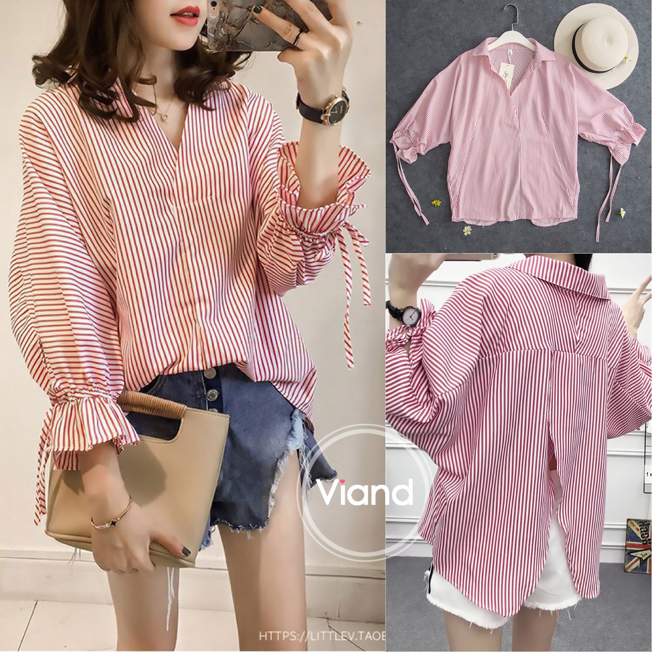 เสื้อเกาหลี พร้อมส่ง เสื้อ ลายริ้วตรง