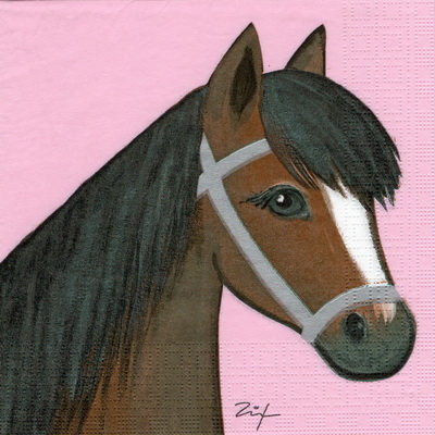 แนวภาพภาพการ์ตูน ม้า Horse สัตว์ ม้าน้ำตาลพื้นชมพู เป็นภาพบล็อค 4 กระดาษแนพกิ้นสำหรับทำงาน เดคูพาจ Decoupage Paper Napkins ขนาด 33X33cm