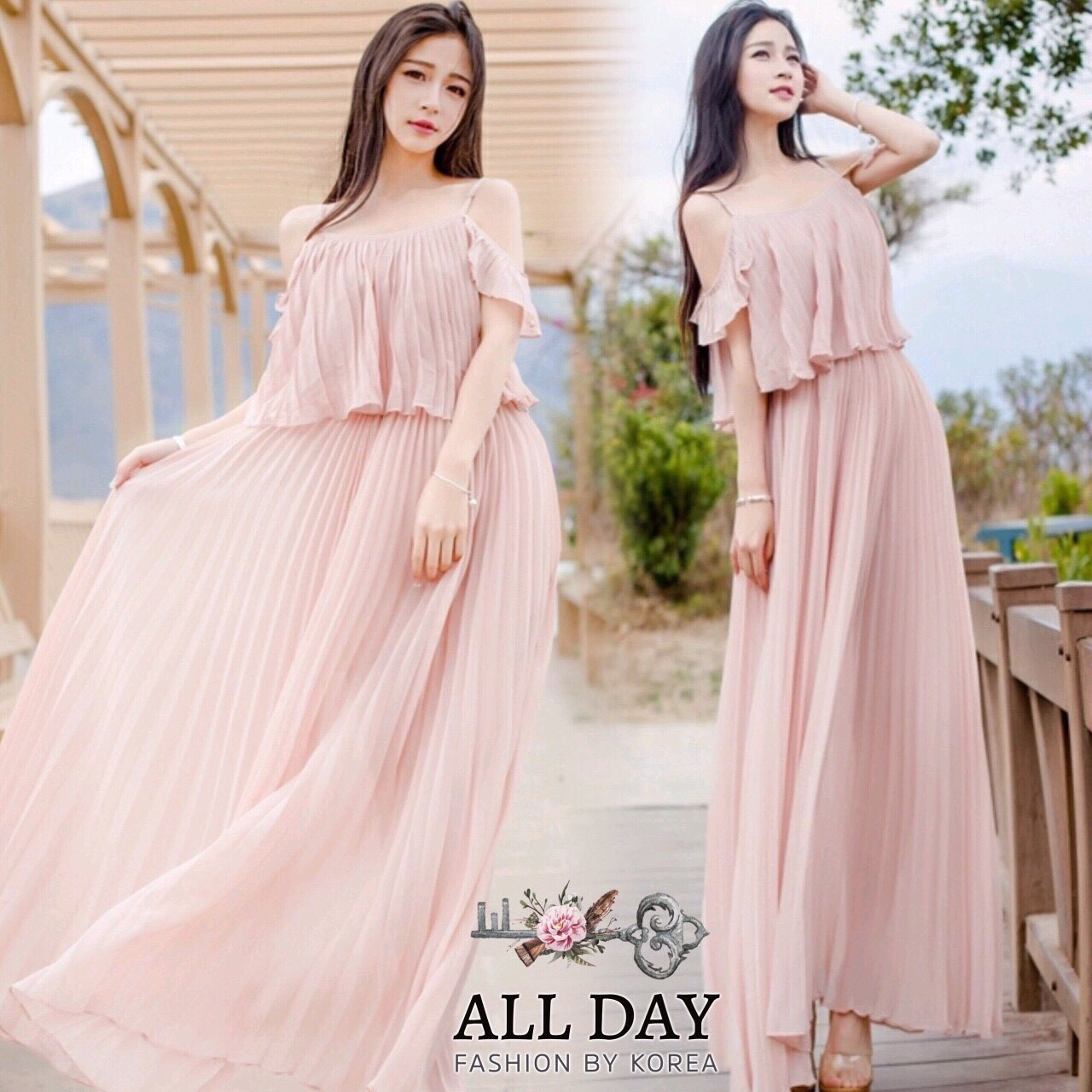ชุดเดรสเกาหลี พร้อมส่ง แม็กซี่เดรส ผ้าชีฟอง อัดพลีทสีครีม