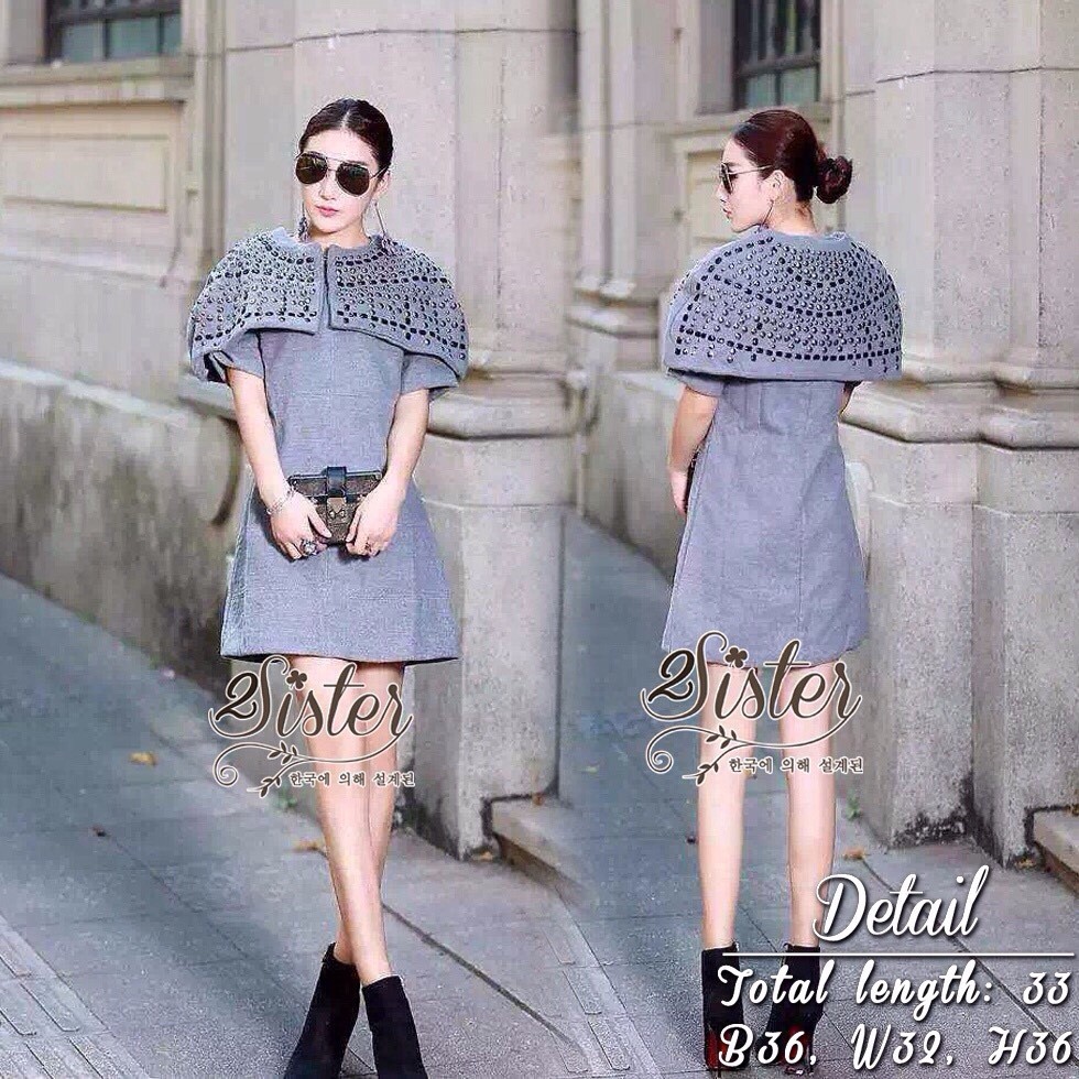พร้อมส่ง เดรสสั้นและผ้าคลุมไหล่แต่งประดับเพชรและหมุด