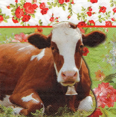 แนวภาพสัตว์ วัว กับดอกกุหลาบ Cow & Rose เป็นภาพแนวยาว กระดาษแนพกิ้นสำหรับทำงาน เดคูพาจ Decoupage Paper Napkins ขนาด 33X33cm