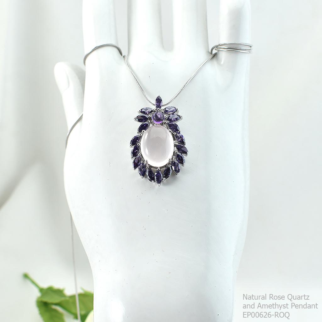 SKJewelryFactory EP00626-ROQ จีพลอยโรสควอท์แท้ดีไซน์ลายใบไม้ จี้เงินแท้พลอยแท้เจียรนัยล้อมเพชรสีม่วง
