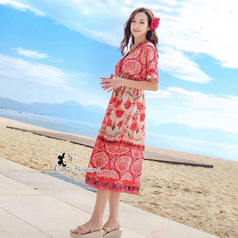 เดรสเกาหลี พร้อมส่ง Maxi Dress เดรสโบฮีเมี่ยน แขนสั้น