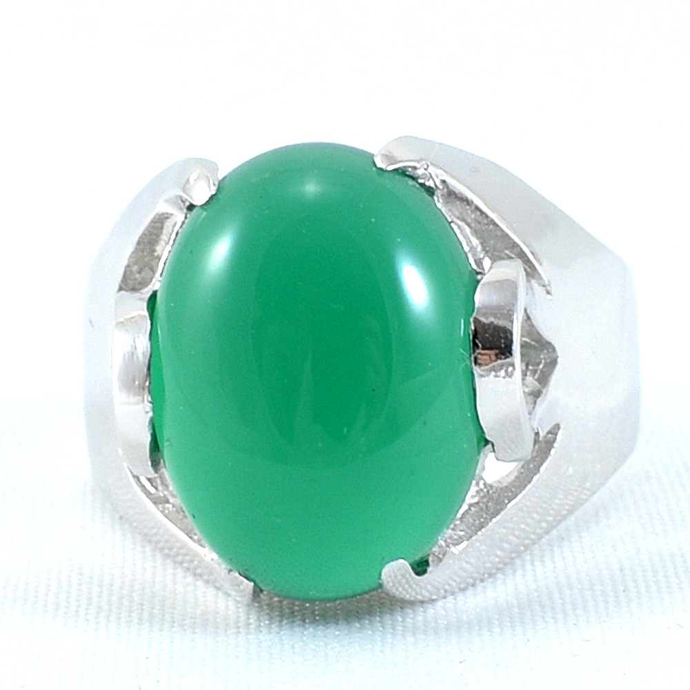 SKJewelryFactory แหวนพลอยหลังเต่าสีเขียว แหวนเงินแท้ฝังพลอยกรีนอะเกทแท้ ER01376-GAC