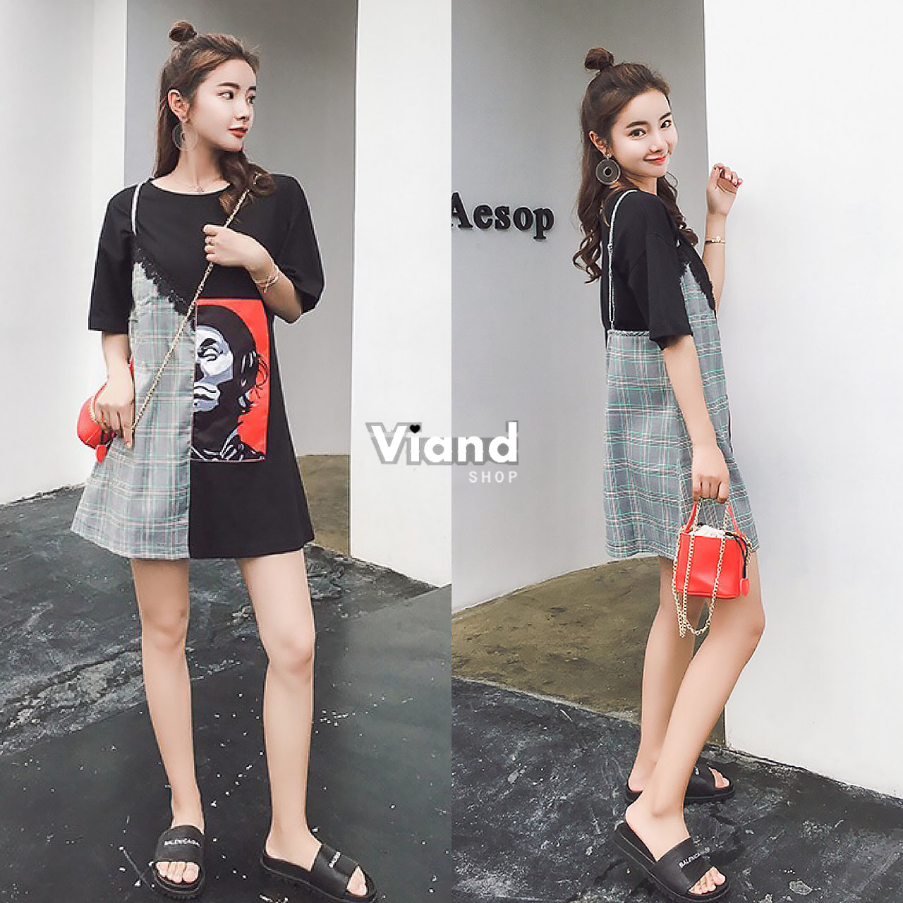 เดรสเกาหลี พร้อมส่ง เดรสสั้น แต่งสีทูโทน