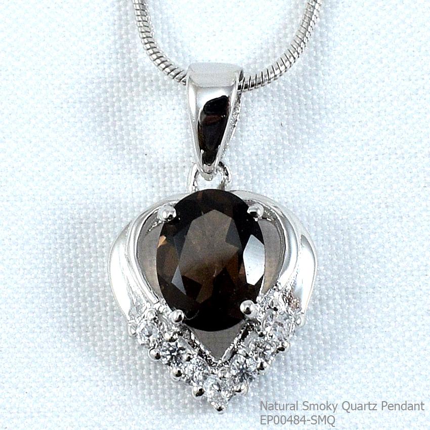SKJewelryFactory EP00484-SMQ จี้พลอยเงินแท้ พลอยสโมกกี้ควอทซ์แท้ ดีไซน์เป็นทรงหยดน้ำ