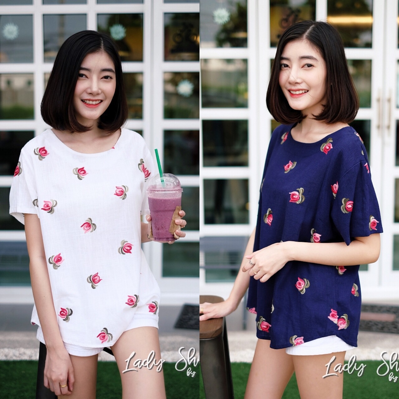 เสื้อเกาหลี พร้อมส่ง เสื้อผ้าฝ้ายงานญี่ปุ่นแท้ ลายกุหลาบ